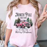 Vintage Pink Truck Christmas Shirt, North Pole Tree Farm T-Shirt, Retro Holiday Graphic Tee, Adorable Farmhouse Winter T-Shirt, Present for Her