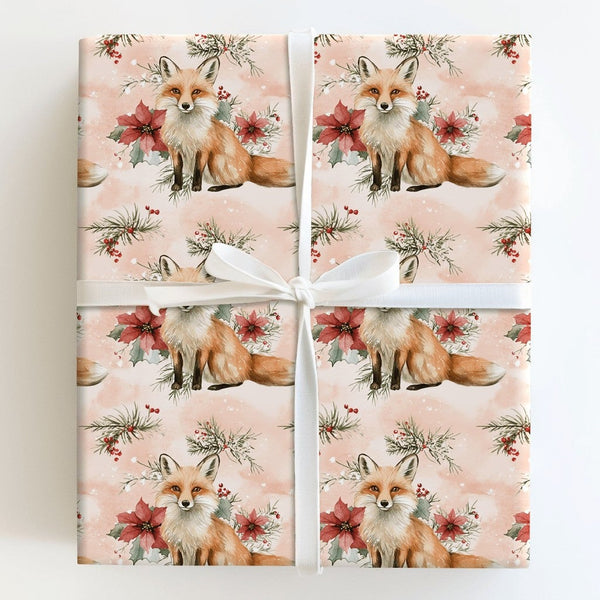 Watercolor Poinsettia Gift Wrap, Winter Fox Wrapping Paper, Woodland Red Fox Wrapping Paper, Christmas Holiday Floral Gift Wr