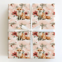 Watercolor Poinsettia Gift Wrap, Winter Fox Wrapping Paper, Woodland Red Fox Wrapping Paper, Christmas Holiday Floral Gift Wrap