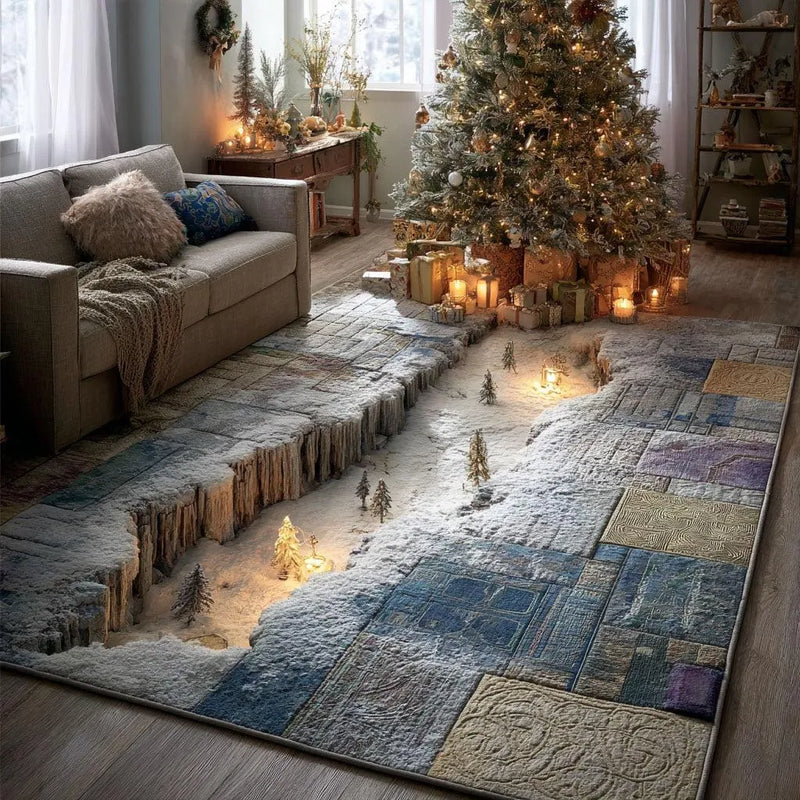3D Winter Village Scene Floor Rug, Frozen Passage Area Rug, Non-Slip Christmas Carpet, Comfy Holiday Living Room Decor Present