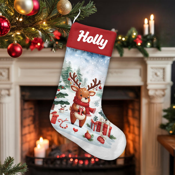Snow Scene Winter Holiday Stocking, Adorable Reindeer Christmas Stocking, Personalized Christmas Stocking, Kids Family Mantle