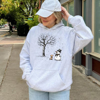 Adorable Winter Dog Hooded Sweatshirt, Snowman and Puppy Hoodie, Festive Christmas Hoodie, Winter Animal Graphic Pullover, Dog Lover Present