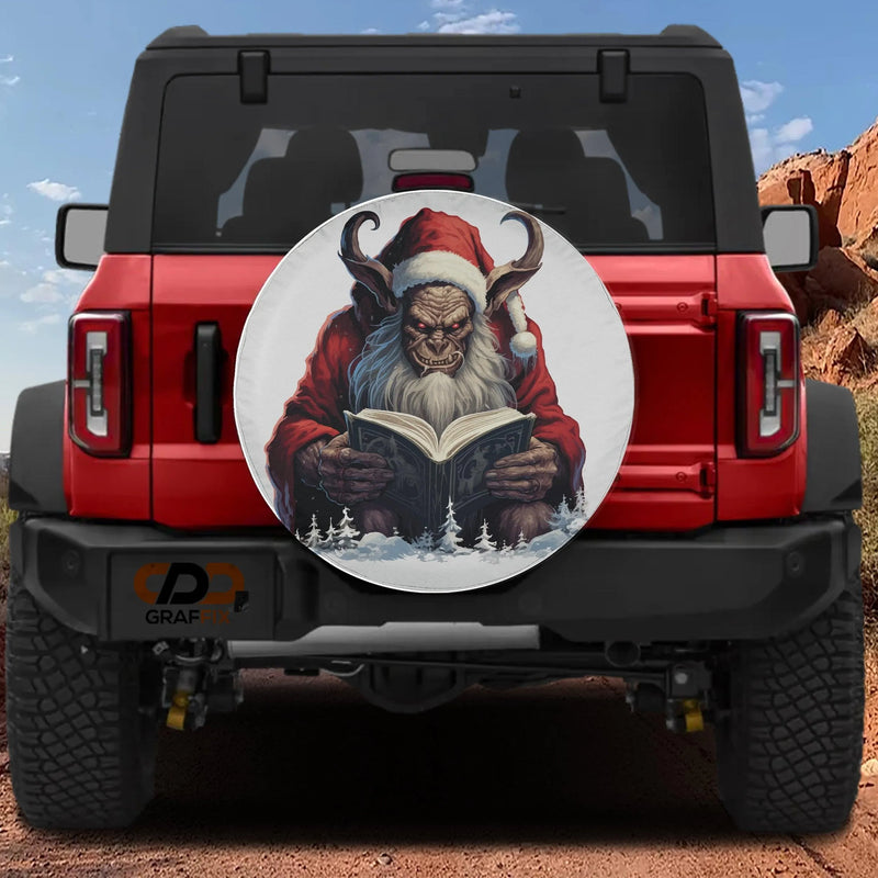 Dark Christmas Folklore Tire Cover, Krampus Santa Spare Tire Cover, Creepy Holiday Horror Tire Cover, Gothic Winter Truck SUV Present