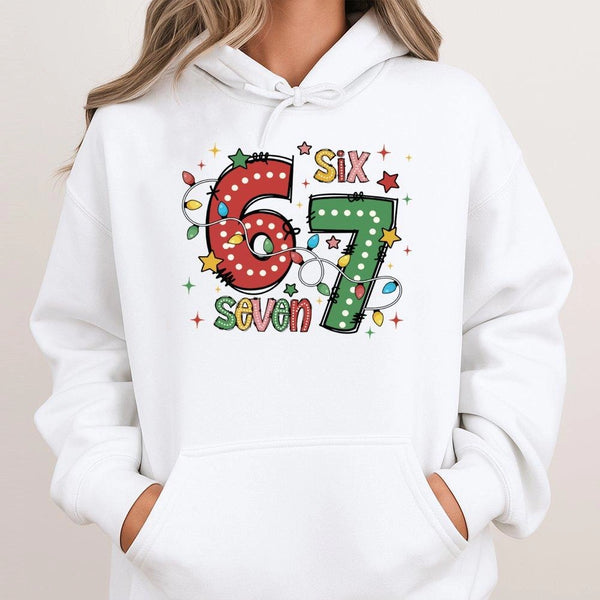 Festive Holiday Lights Christmas Hoodie, 67 Christmas Hoodie, Number 67 Christmas Hooded Sweatshirt, Retro Xmas Pullover, Bir
