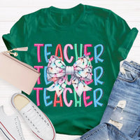 Festive Holiday Coquette Bow Shirt, Christmas Teacher Bow T-Shirt, Adorable Christmas Teacher Graphic Tee, Merry Xmas Educator Top