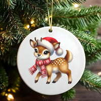 Santa Hat Scarf Woodland Ceramic Ornament, Baby Deer Reindeer Christmas Ornament, Adorable Fawn Tree Keepsake Ornament, Holiday Present
