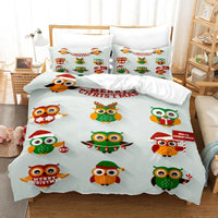 3D Holiday Bedding Set, Cartoon Owl Christmas Duvet Cover Set, Adorable Winter Quilt Cover, Festive Bedspread, Girls Birthday Present
