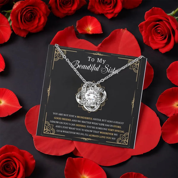 Eternal Bond Knot Pendant, Sister Love Knot Necklace, CZ Crystal Love Knot Jewelry, Rotating Rose Box Necklace, Birthday Chri