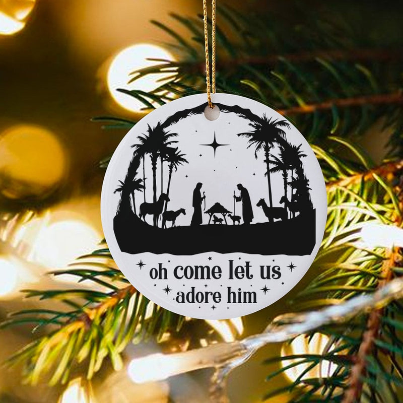 Nativity Scene Christmas Ornament, Oh Come Let Us Adore Him Ornament, Christian Holiday Ceramic Ornament, Religious Faith Tree Ornament
