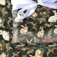 Rustic Winter Rabbit Gift Wrap, Woodland Bunny Christmas Wrapping Paper, Holiday Pine Berry Wrapping Paper, Comfy Woodland Animal Gift Wrap