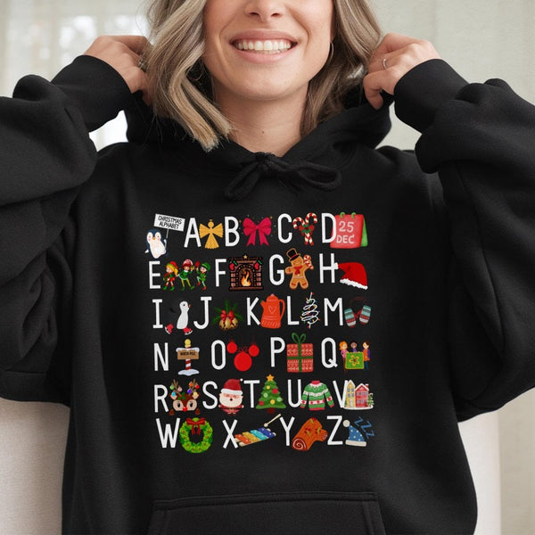 Holiday ABC Teacher Hoodie, Christmas Alphabet Hoodie, Festive Teacher Christmas Hoodie, Winter Educator Hooded Sweatshirt Pr