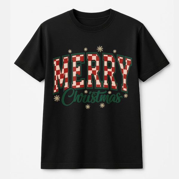 Retro Checkered Varsity Font Graphic Tee, Merry Christmas T-Shirt, Holiday Season Party Shirt, Festive Xmas Vibes Graphic Top