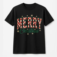 Retro Checkered Varsity Font Graphic Tee, Merry Christmas T-Shirt, Holiday Season Party Shirt, Festive Xmas Vibes Graphic Top