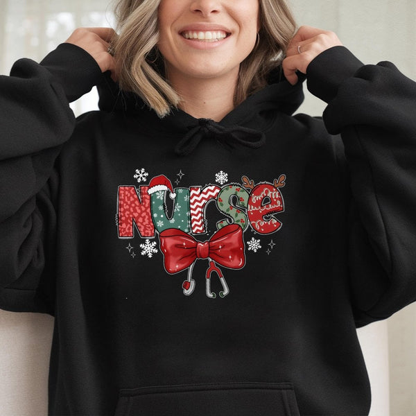 Festive Stethoscope Bow Sweatshirt, Christmas Nurse Hoodie, RN Nursing Student Holiday Hoodie, Adorable Medical Pullover, Chr