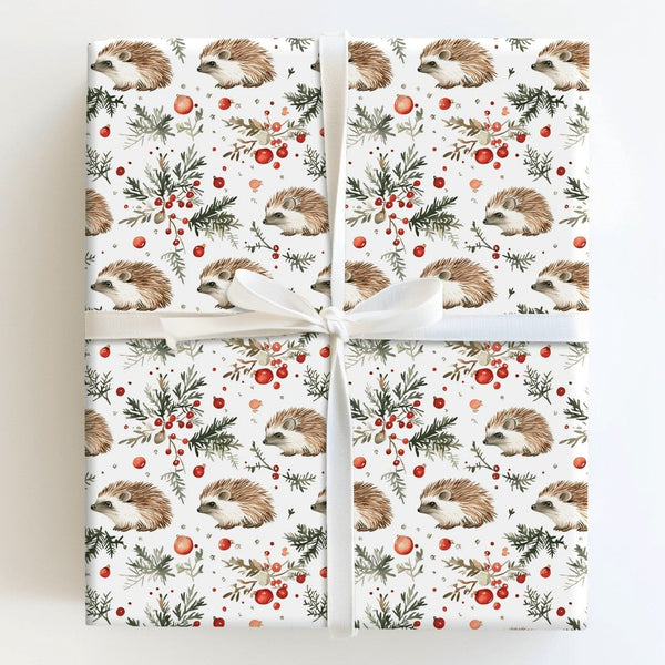 Woodland Animal Gift Wrap, Watercolor Hedgehog Wrapping Paper, Christmas Wrapping Paper Roll, Winter Holiday Wrapping Paper