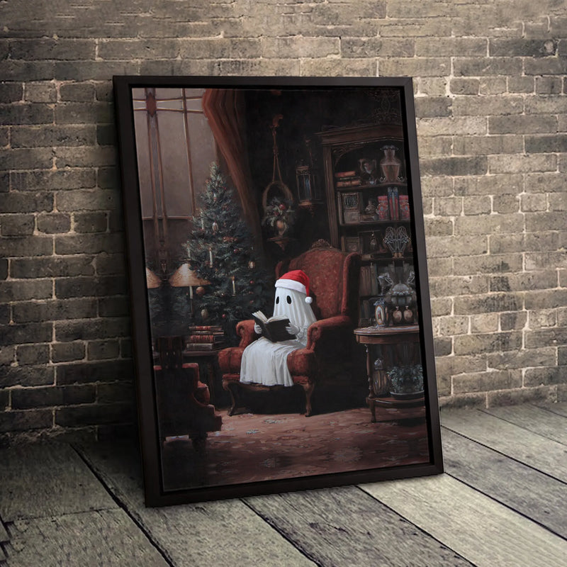 Santa Hat Spooky Adorable Holiday Poster, Christmas Ghost Reading Book Wall Art, Comfy Book Lover Print, Reader Digital Download Present
