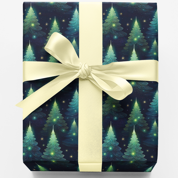 Twinkle Tree Holiday Gift Wrap, Winter Forest Christmas Wrapping Paper, Golden Lights Festive Wrapping Paper, Winter Season P