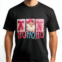 Faux Yarn Stitched Santa Shirt, Pink Santa Claus T-Shirt, Festive Ho Ho Ho Graphic Tee, Retro Pink Christmas Tee, Holiday Present for Women