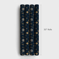 Navy Blue Christmas Gift Wrap, Gold Poinsettia Wrapping Paper, Elegant Botanical Holiday Present Paper, Winter Snowflake Wrapping Paper