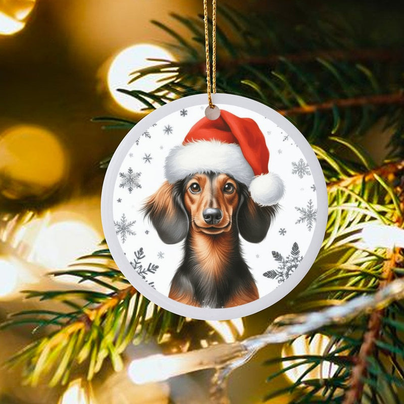 Santa Hat Dog Holiday Ornament, Dachshund Christmas Ornament, Adorable Weiner Dog Ceramic Ornament, Puppy Tree Decor, Present for Dog Lovers