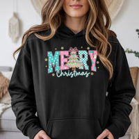 Aesthetic Merry Christmas Pullover, Pastel Checkered Tree Christmas Hoodie, Adorable Pastel Tree Graphic Hoodie, Holiday Winter Sweatshirt
