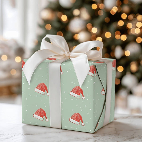 Sage Green Snow Gift Wrap, Santa Hat Christmas Wrapping Paper, Adorable Holiday Present Paper, Winter Santa Wrapping Paper, X