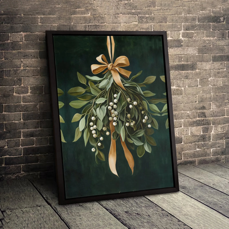 Botanical Christmas Canvas Print, Festive Mistletoe Canvas Wall Art, Holiday Greenery Wall Decor, Winter Gold Bow Canvas, Holiday Xmas Present