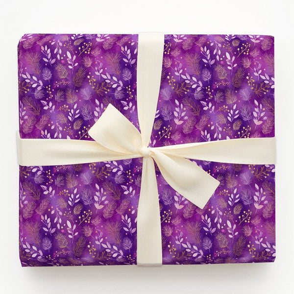 Winter Foliage Gold Wrapping Paper, Purple Botanical Wrapping Paper, Elegant Floral Holiday Wrapping Paper, Birthday and Chri