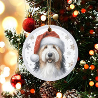 Santa Hat Dog Portrait Ornament, Bearded Collie Christmas Ornament, Ceramic Holiday Tree Keepsake Decor, Beardie Lover Xmas Pet Present