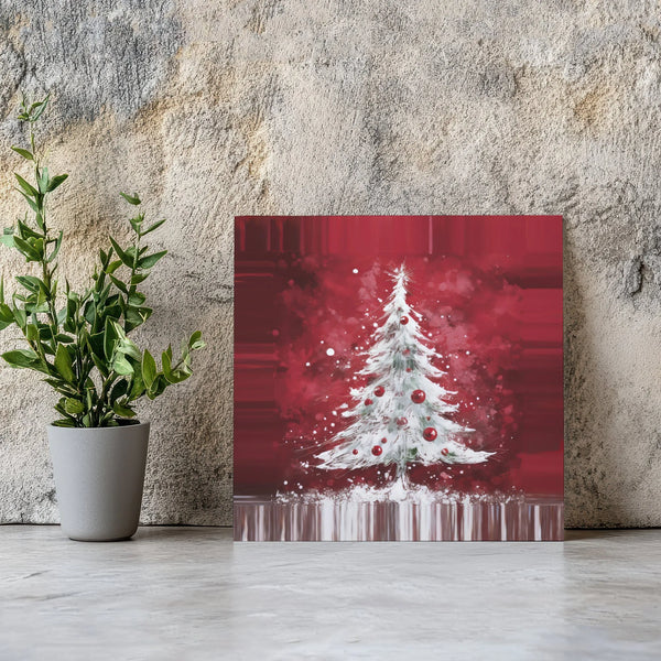 Snowy White Pine Wall Poster, Christmas Tree Canvas Art, Red Ornaments Holiday Print, Christmas Tree Art Digital Download Pri