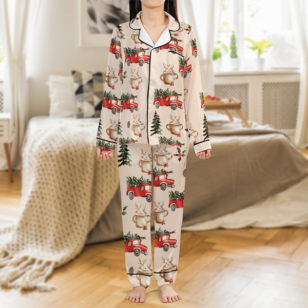 Holiday Mug Print Pajamas, Red Truck Christmas Pajama Set, Winter Festive Satin Pajamas, Comfy Xmas Loungewear Sleep Set, Pre