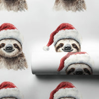 Watercolor Santa Hat Gift Wrap, Christmas Sloth Wrapping Paper, Adorable Animal Holiday Wrapping Paper, Festive Kids Xmas Wrap Roll