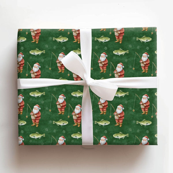Angler Christmas Gift Wrap, Trout Fishing Santa Wrapping Paper, Dark Green Outdoors Wrapping Paper, Fisherman Holiday Gift Wr