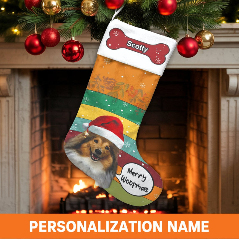 Custom Dog Name Holiday Stocking, Personalized Sheltie Christmas Stocking, Shetland Sheepdog Christmas Stocking, Velboa Pet Lover Xmas Present