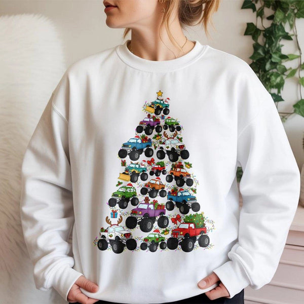 Holiday Truck Sweater, Monster Truck Christmas Tree Sweatshirt, Festive Vehicle Crewneck, Humorous Xmas Graphic Pullover, Tru