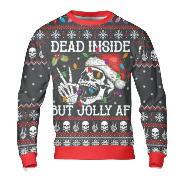 Humorous Christmas Skull Holiday Sweater, Dead Inside but Jolly AF Sweatshirt, Sarcastic Gothic Xmas Crewneck, Spooky Holiday