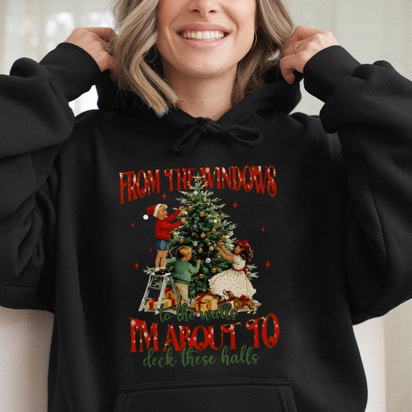 Retro Christmas Holiday Sweatshirt, Humorous Deck the Halls Hoodie, Adorable Xmas Humor Hooded Pullover, Festive Winter Graph