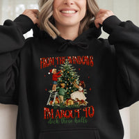 Retro Christmas Holiday Sweatshirt, Humorous Deck the Halls Hoodie, Adorable Xmas Humor Hooded Pullover, Festive Winter Graphic Sweater Present