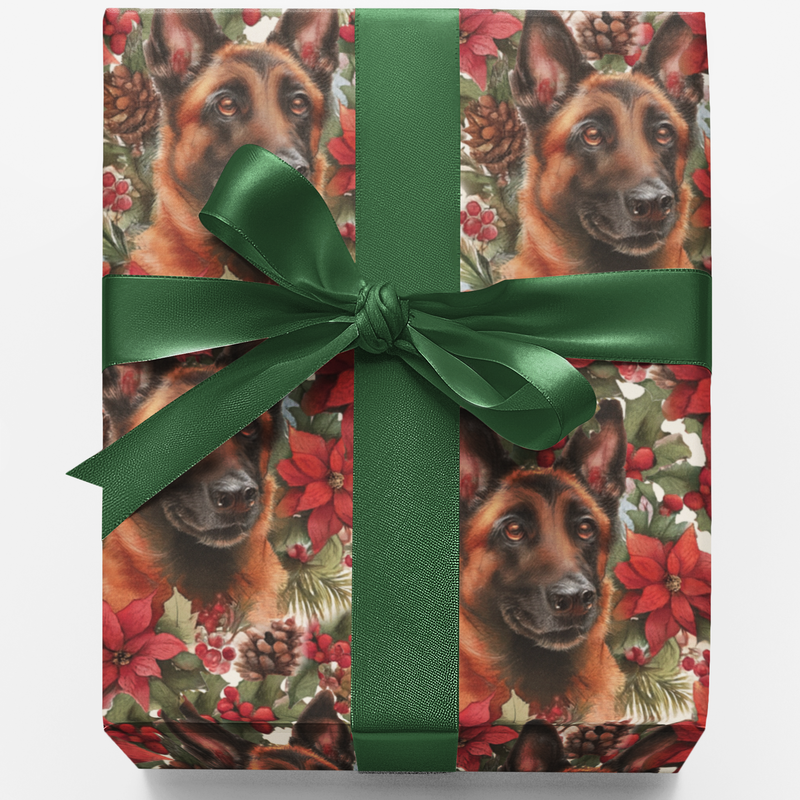 Festive Poinsettia Dog Gift Wrap, German Shepherd Christmas Wrapping Paper, Puppy Holiday Wrapping Paper, Dog Lover Xmas Wrapping Paper