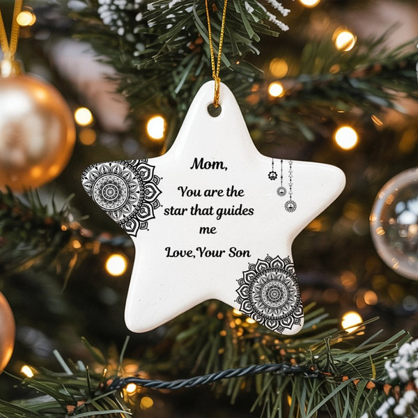 Mandala Star Shaped Ceramic Ornament, Mom Star Ornament from Son, Meaningful Mother Holiday Keepsake, Christmas Tree Star Orn