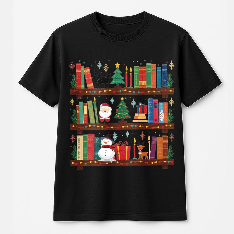 Festive Library Holiday Graphic Tee, Christmas Bookshelf T-Shirt, Comfy Book Lover Xmas Shirt, Bookish Winter Tree Reader Librarian Present