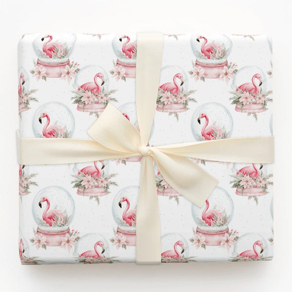 Tropical Christmas Gift Wrap, Snow Globe Flamingo Wrapping Paper, Watercolor Pink Poinsettia Present Paper, Winter Holiday Wr