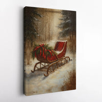 Snowy Forest Winter Canvas Art, Vintage Red Christmas Sleigh Canvas Print, Festive Holiday Canvas Wall Decor, Christmas Landscape Canvas