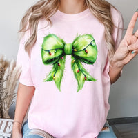 Holiday Lights Tee, Furry Green Bow Christmas Shirt, Adorable Coquette Christmas T-Shirt, Retro Xmas Graphic Tee, Holiday Present for Women