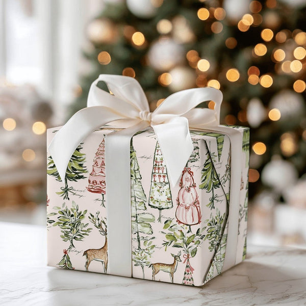 Watercolor Pine Tree Gift Wrap, Woodland Reindeer Wrapping Paper, Vintage Christmas Gift Wrapping Paper, Rustic Holiday Paper