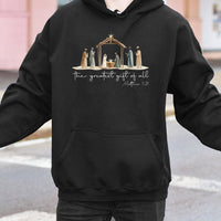 Christian Christmas Hooded Sweatshirt, Nativity Scene the Greatest Present of All Hoodie, Religious Holiday Cross Pullover Hoodie