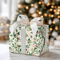 Botanical Winter Leaves Gift Wrap Paper, Watercolor Holly Berry Christmas Wrapping Paper, Traditional Holiday Present Wrap Paper