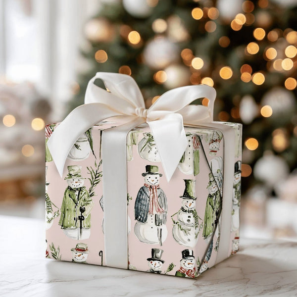 Dapper Winter Holiday Gift Wrap, Vintage Snowman Wrapping Paper, Watercolor Christmas Present Paper, Light Pink Holiday Wrapp