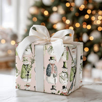 Dapper Winter Holiday Gift Wrap, Vintage Snowman Wrapping Paper, Watercolor Christmas Present Paper, Light Pink Holiday Wrapping Paper Roll