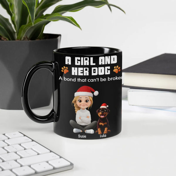 Girl and Dog in Santa Hats Ceramic Coffee Mug, Personalized Rottweiler Christmas Mug, Holiday Dog Mom Cup, Custom Pet Lovers 